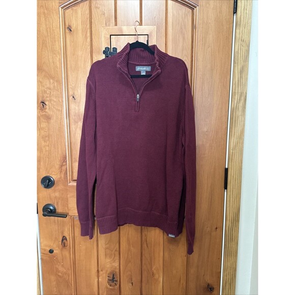 Eddie Bauer Sweater Mens TXL Maroon Quarter Zip Mock Neck Heavy Knit Vtg 90s Y2K - Picture 1 of 16